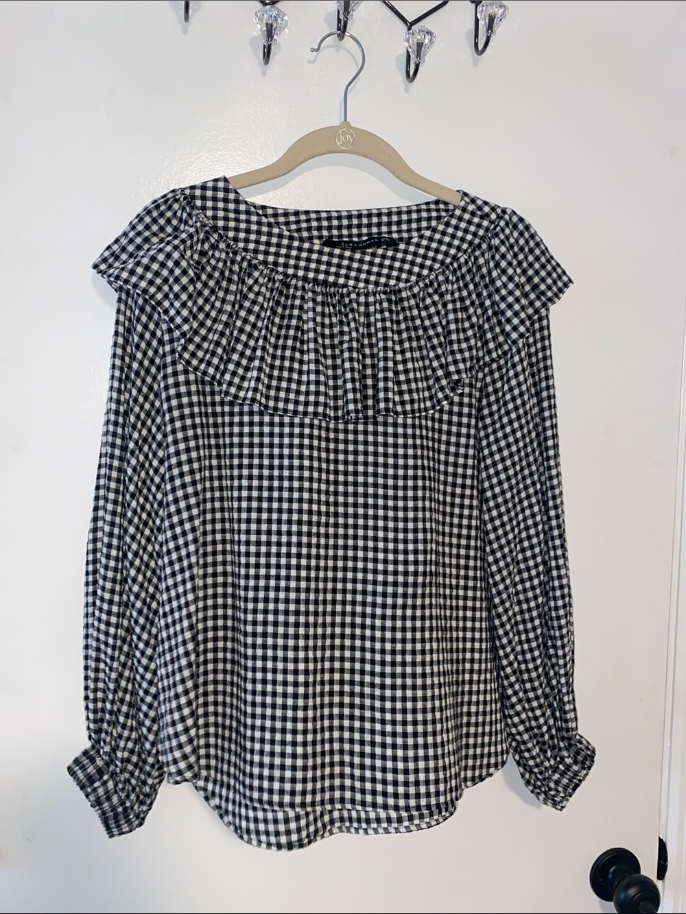 Zara Black & White Gingham Ruffle-Neck Women's Top